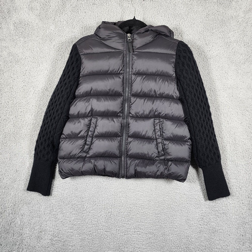 Rachel Zoe Puffer Knit Jacket Womens S Black Nylon Hooded Full Zip Ski Resort